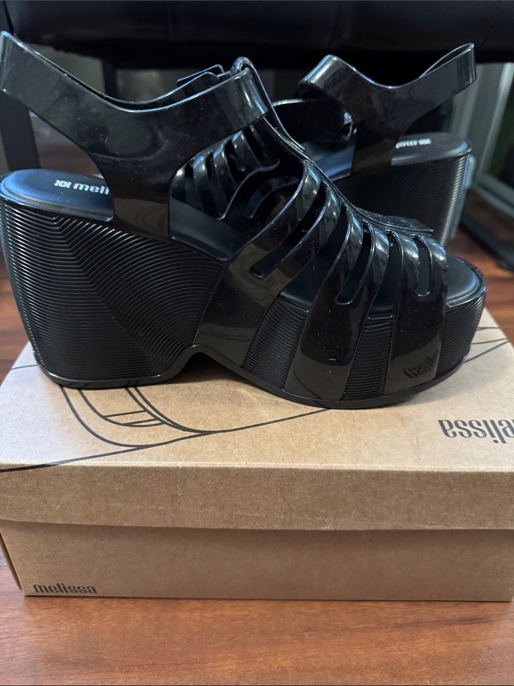 Melissa Glossy Black Strappy Platform Sandals